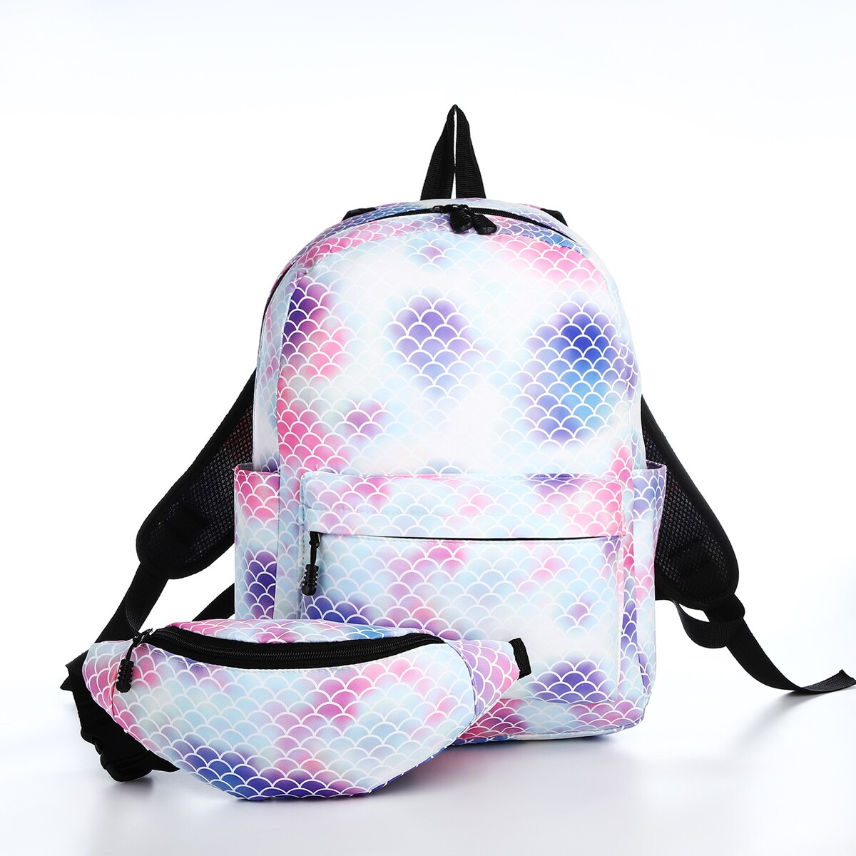 фото Рюкзак молодежный из текстиля на молнии, 3 кармана, поясная сумка, цвет голубой/белый/розовый no brand