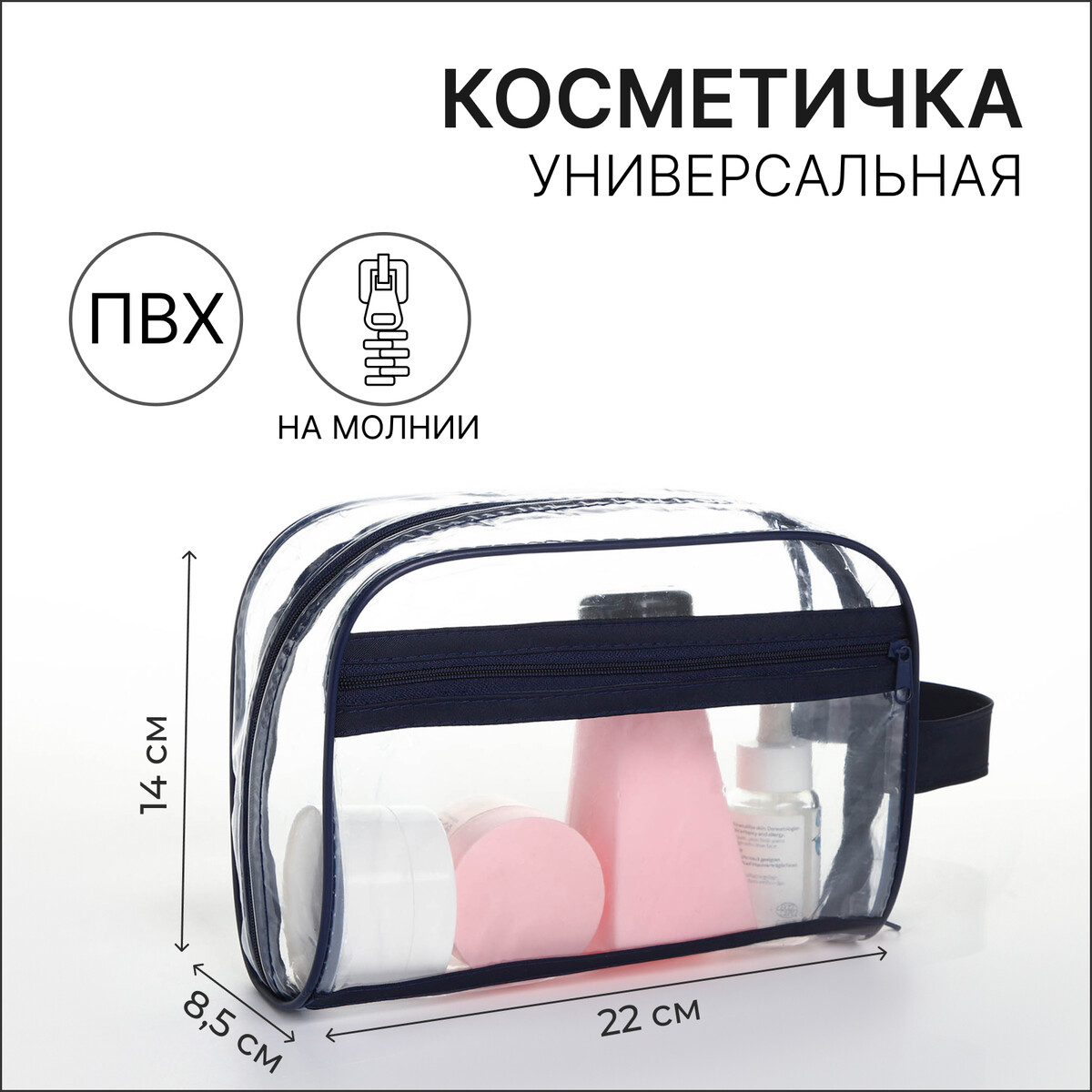 

Косметичка на молнии, с ручкой, цвет синий/прозрачный