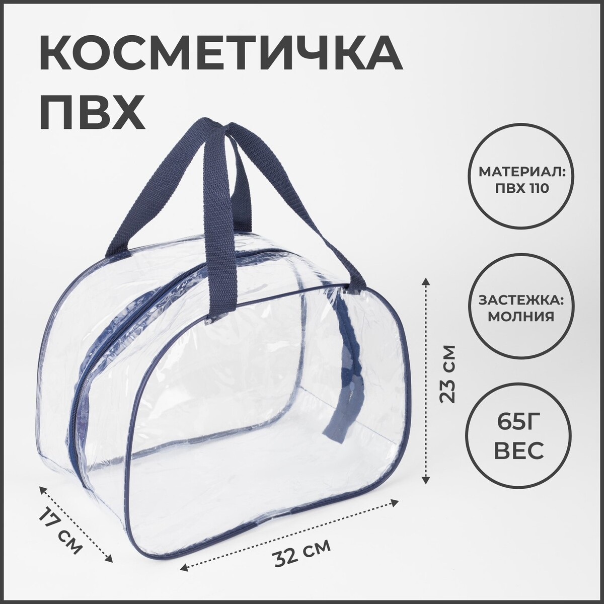 

Косметичка на молнии, цвет прозрачный/синий