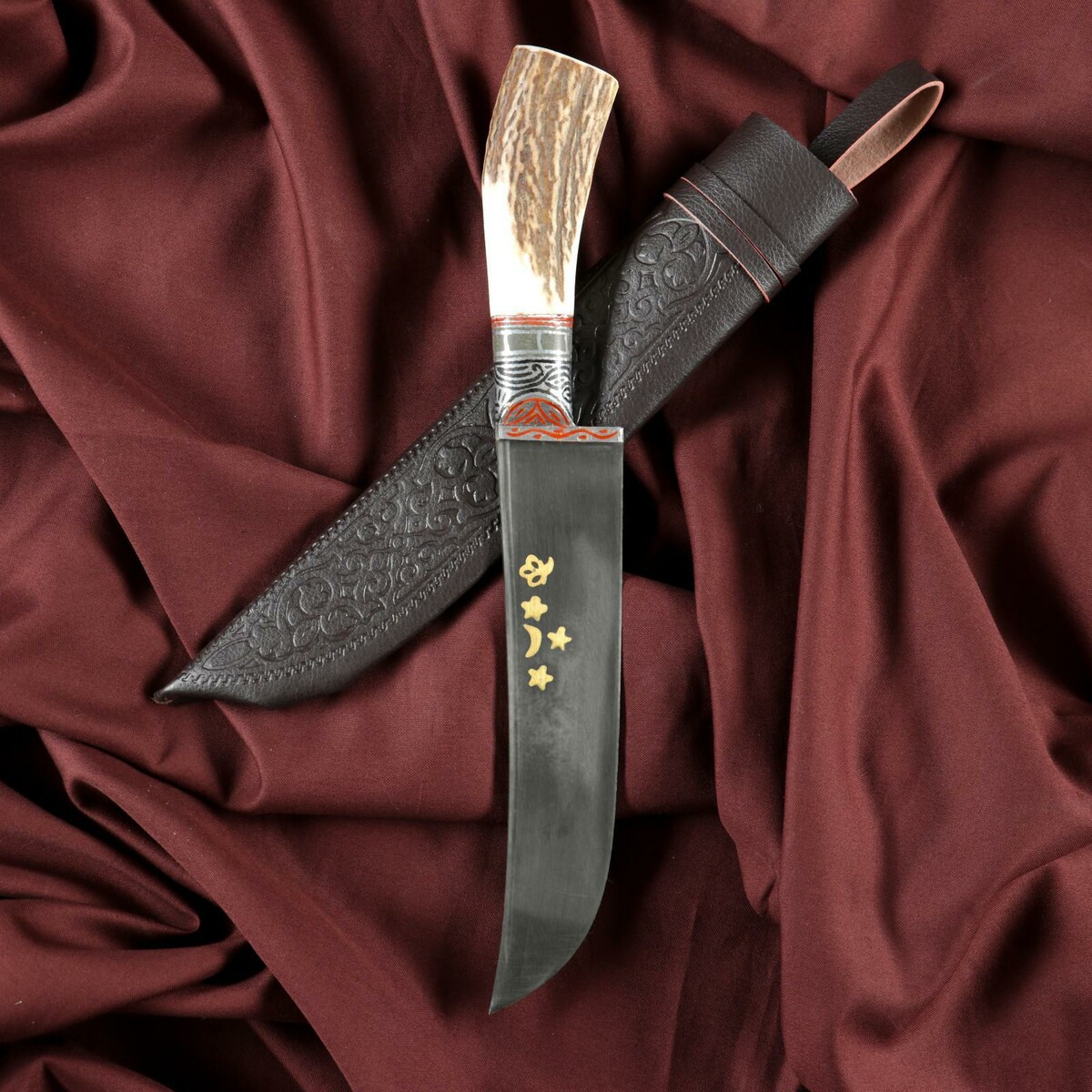 Нож пчак шархон - большой, косуля, широкая рукоять, гарда олово гравировка. шх-15 (17-19 см) нож пчак шархон текстолит олово чирчик 11 12 см