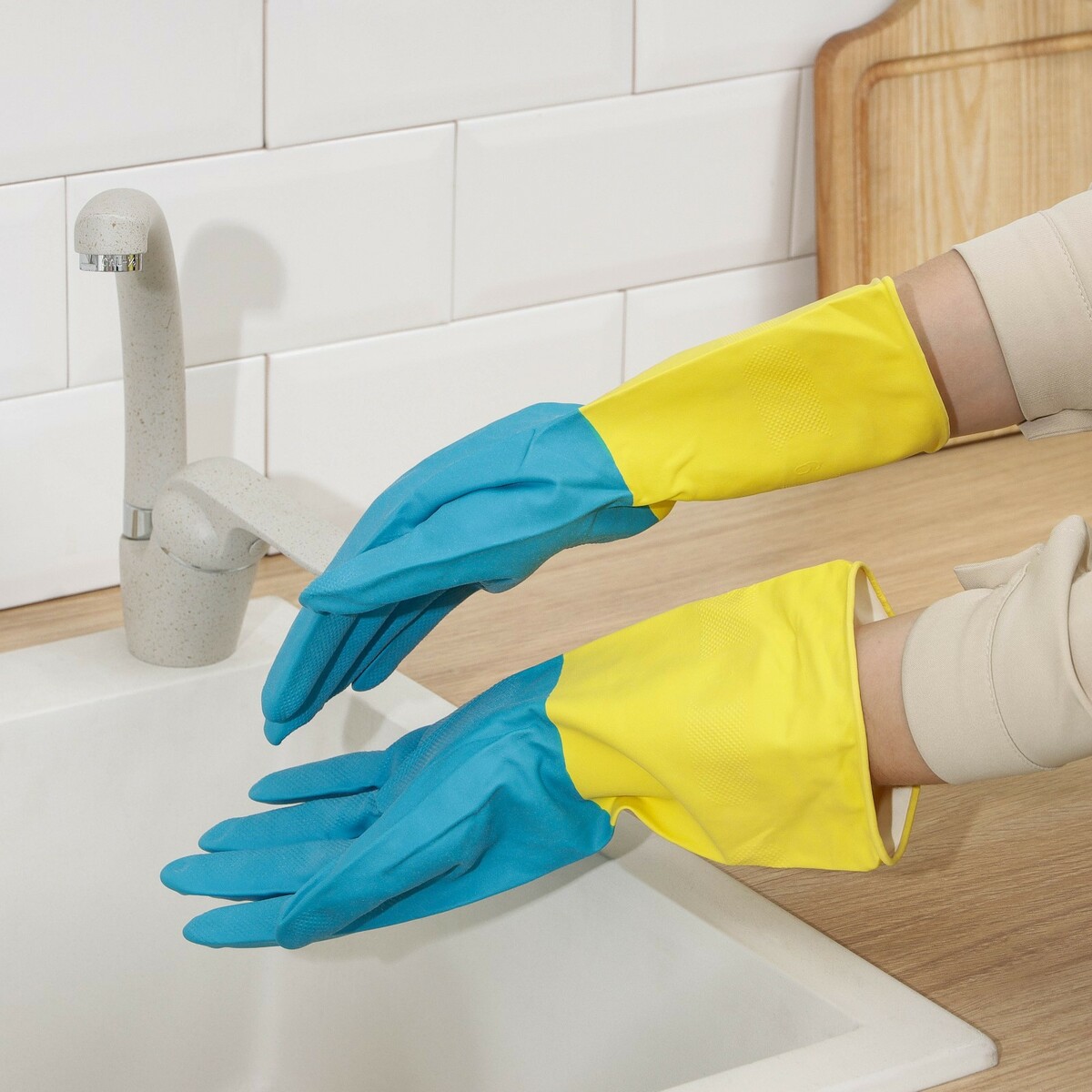 

Перчатки хозяйственные неопреновые, особопрочные, хб напыление, двухцветные, размер xl, Желтый;голубой