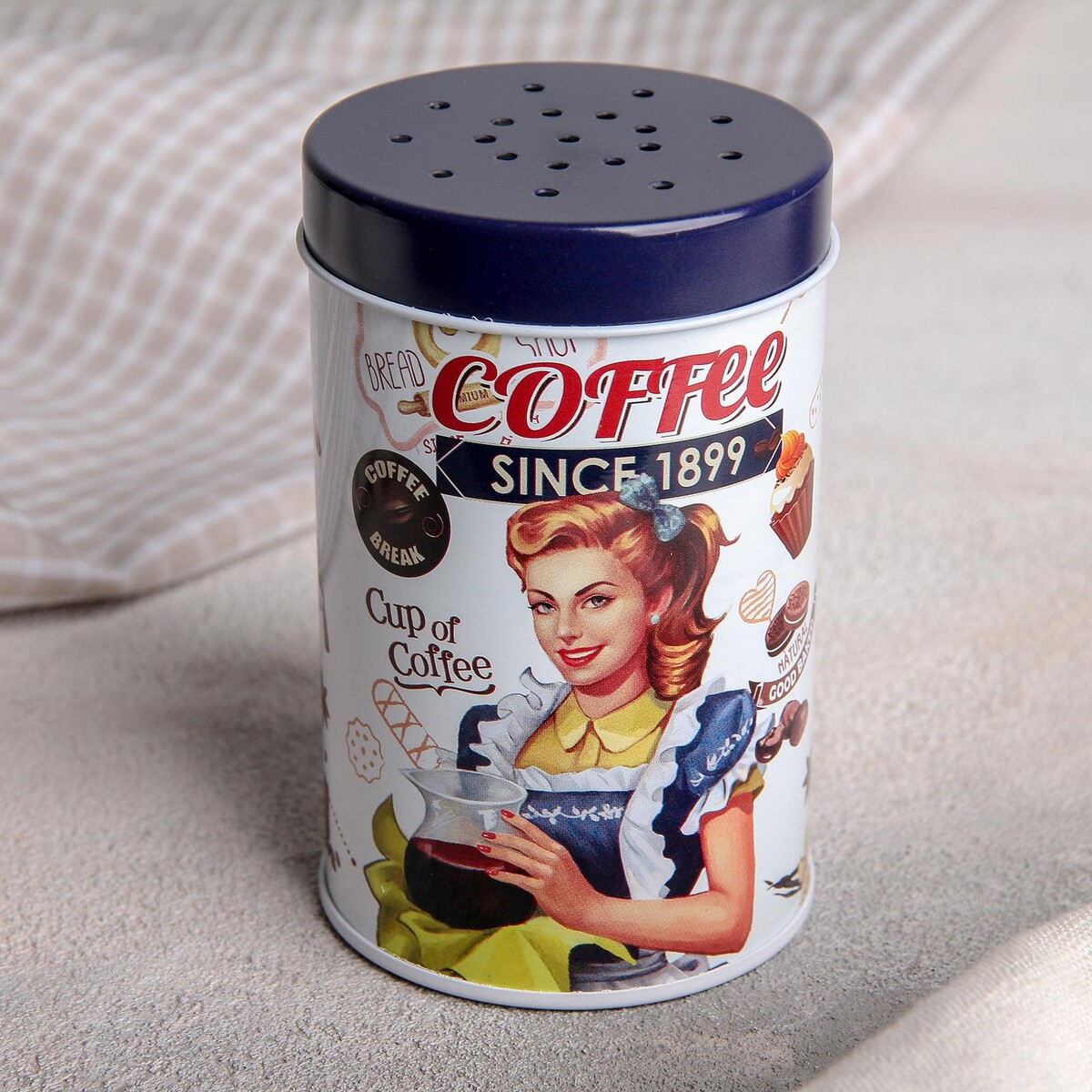

Ёмкость для сыпучих продуктов coffee, 100 мл, 7×5,5×8 см, с отверстиями и ручкой, Синий
