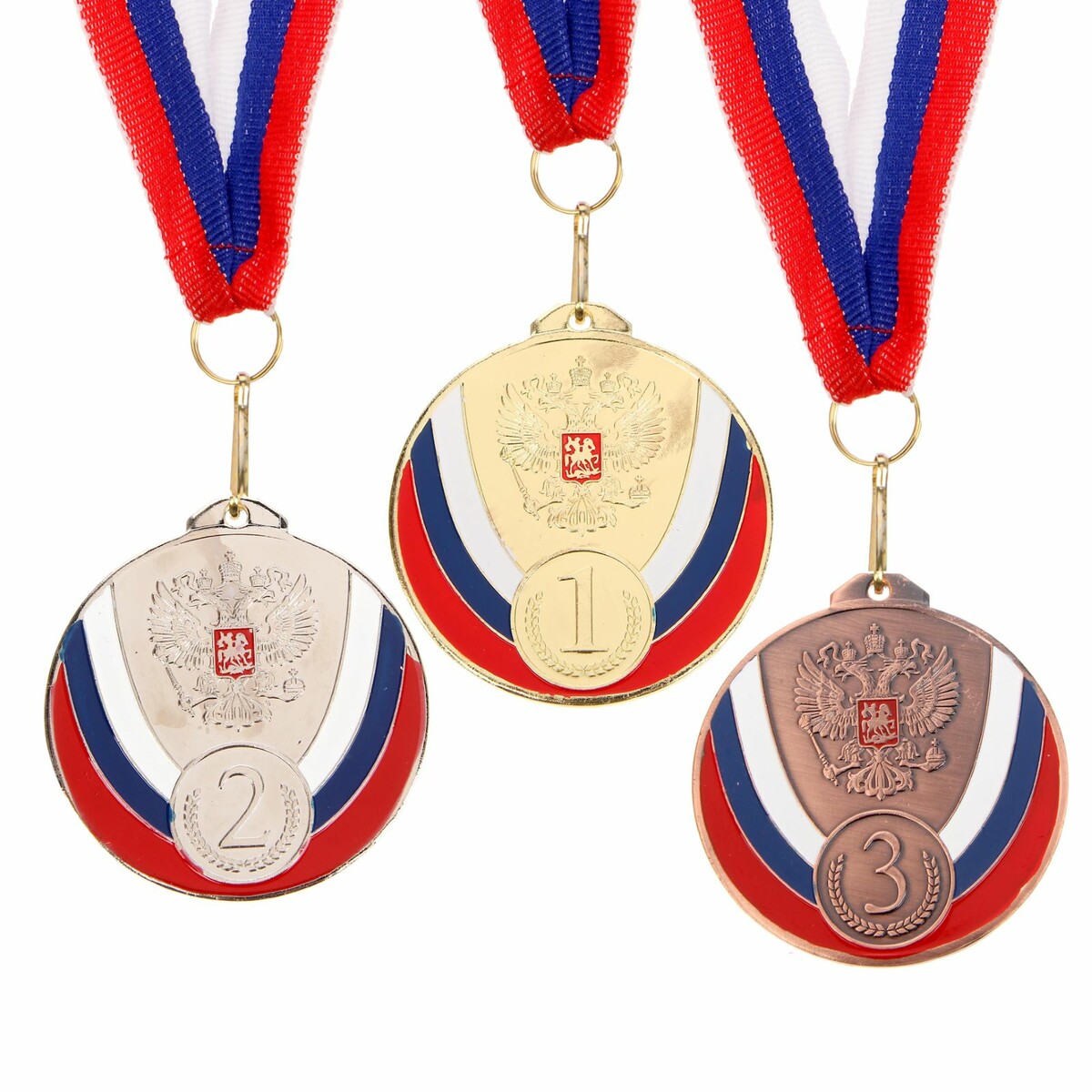 Медаль призовая 050 диам 7 см. 3 место, триколор. цвет бронз. с лентой медаль призовая 063 диам 5 см 1 место зол с лентой