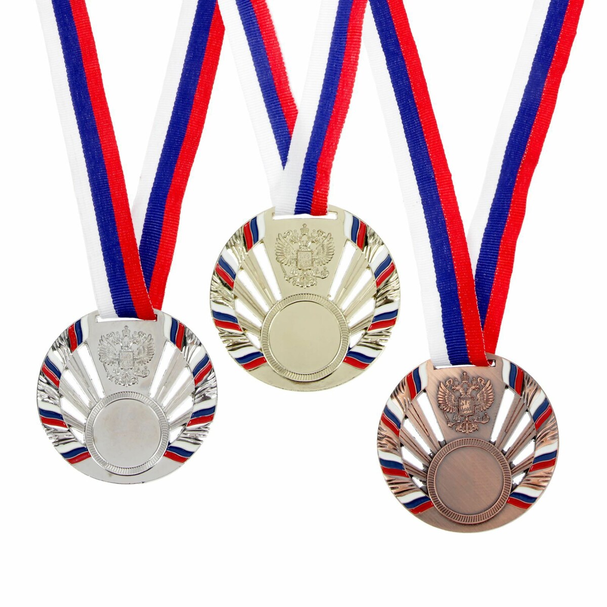 Медаль под нанесение 040 диам 7 см., триколор. цвет сер. с лентой медаль под нанесение диам 4 см зол без ленты