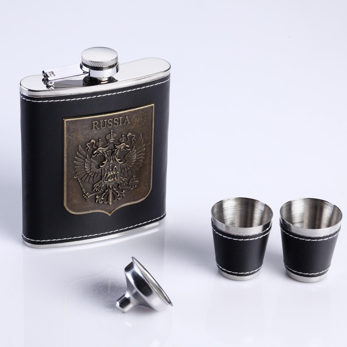 Подарочный набор 4 в 1 кольчугинский мельхиор набор для чая подстаканник никелированный с чернением герб рф стакан