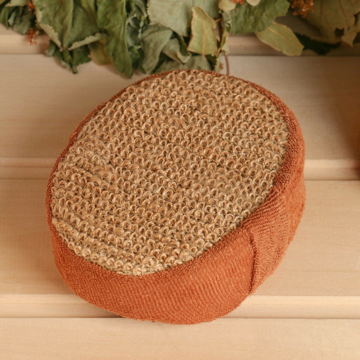 

Мочалка из рами, объемная, овальная с хлопком, 10*15*5 см., Коричневый