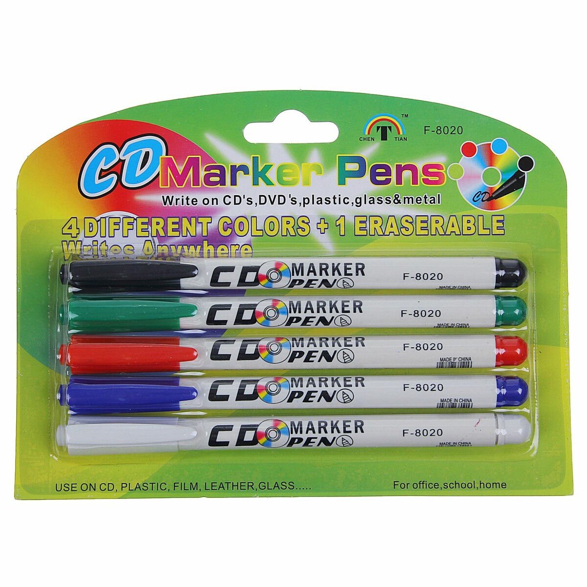 Набор маркеров для cd/dvd, 5 цветов: красный, черный, синий, зеленый, стирающий, 2.0 мм, блистер