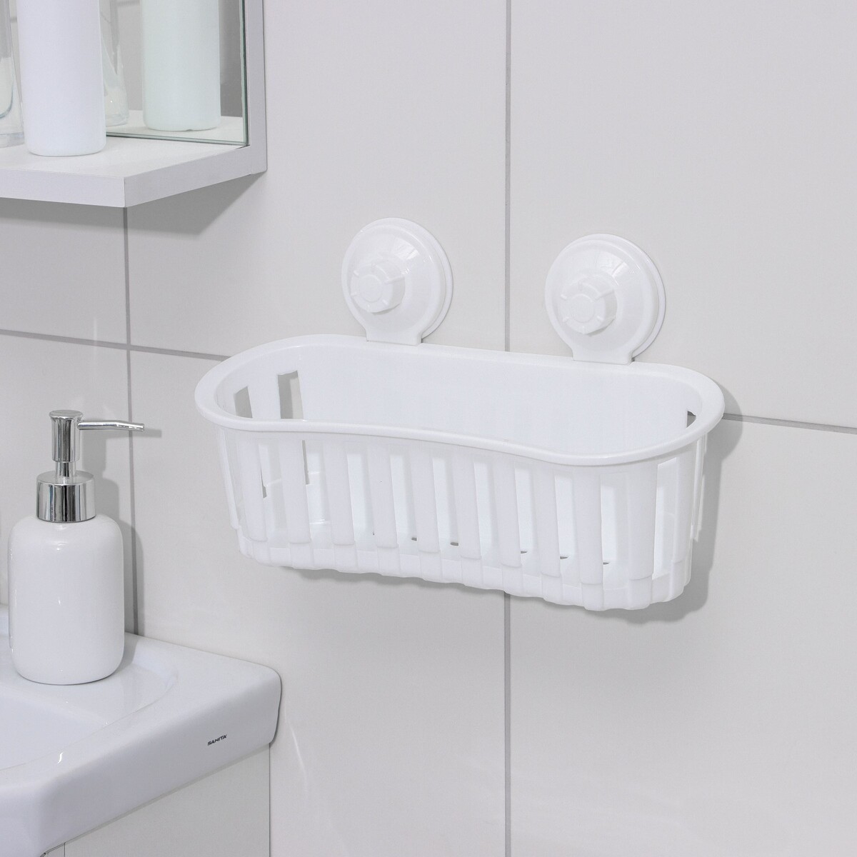 Держатель для ванных принадлежностей на вакуммных присосках, 30×11×9 см, цвет белый держатель для проводов 12 штук белый