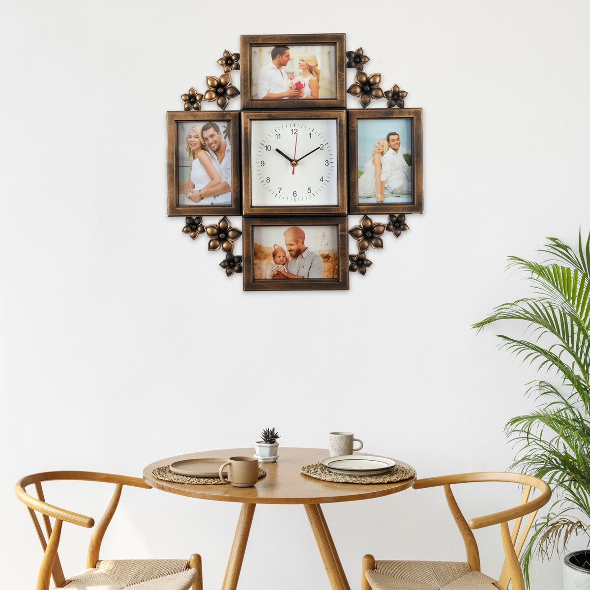 

Фоторамка-коллаж на 4 фото 10×15 см с часами настенными бесшумными (14×14 см), Бронзовый