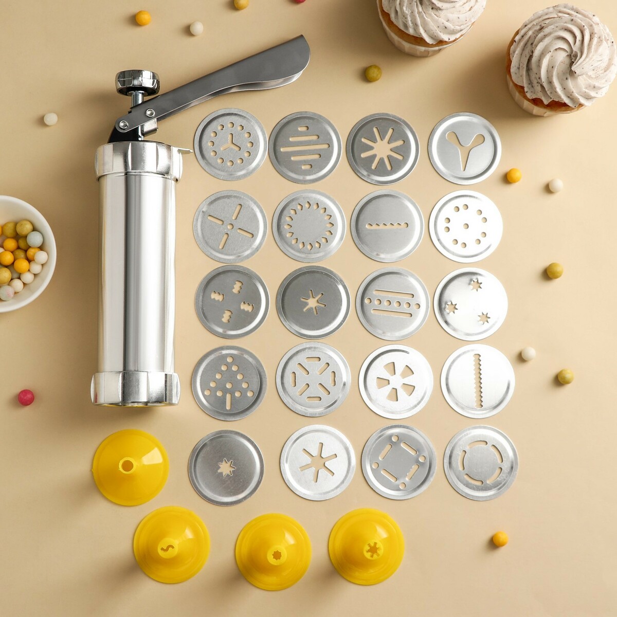 

Шприц-пресс кондитерский, 20 насадок, 250 мл, Серебристый