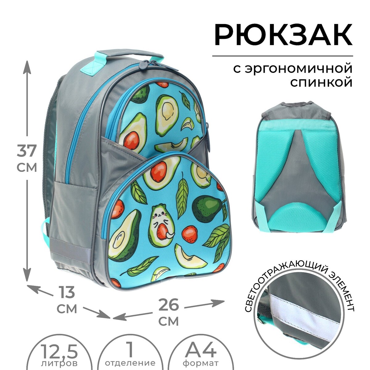 

Рюкзак школьный, 37 х 26 х 13 см, эргономичная спинка, calligrata ан, Голубой;зеленый;серый;разноцветный