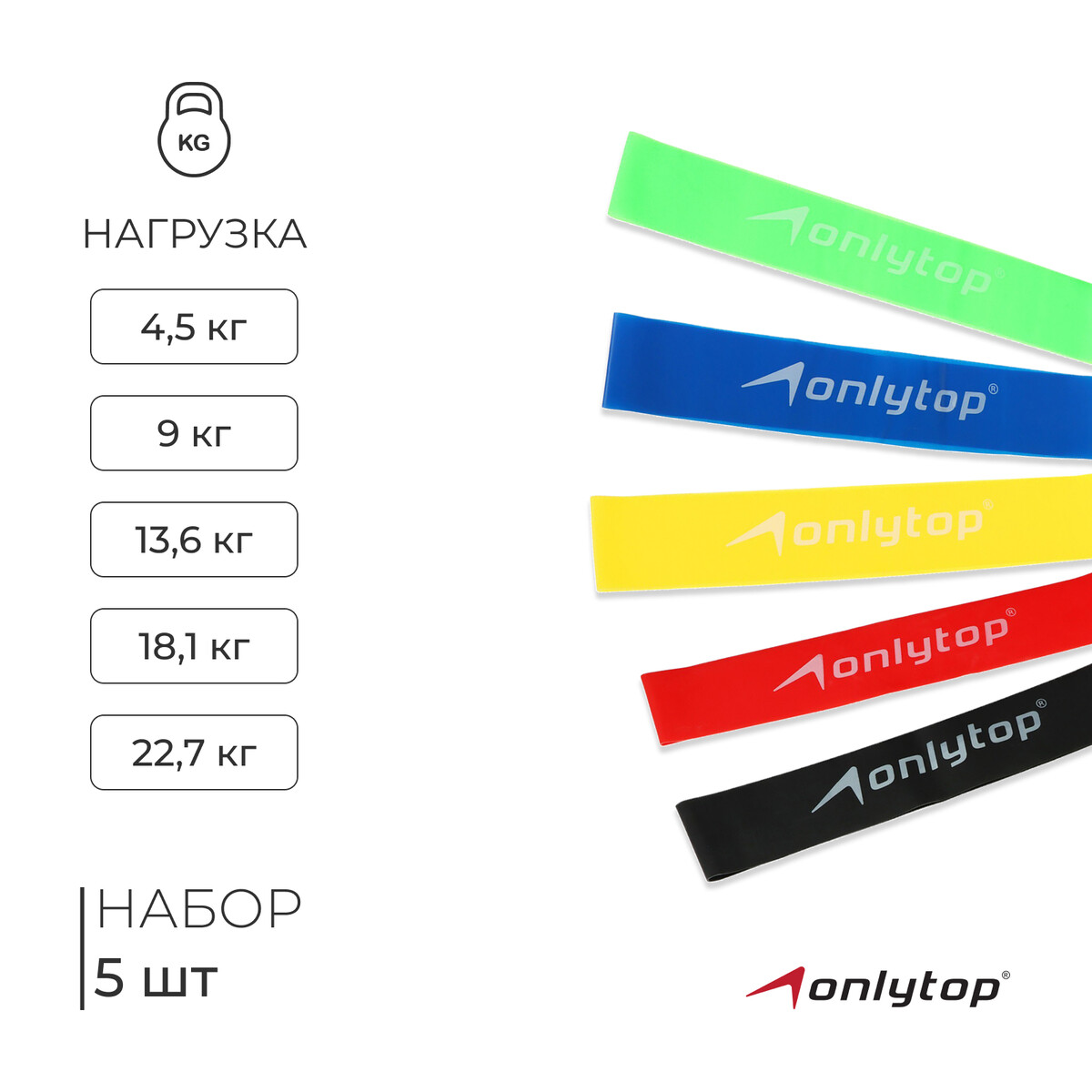 Набор фитнес-резинок onlytop: нагрузка 4,5, 9, 13,6, 18,1, 22,7 кг, 5 шт.