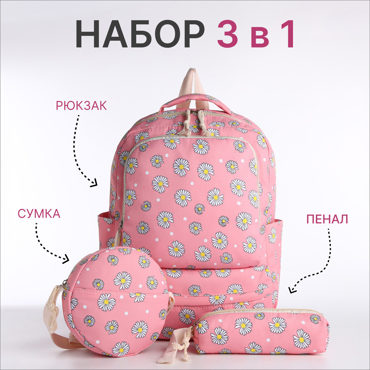 

Рюкзак школьный на молнии, сумка, косметичка, цвет розовый