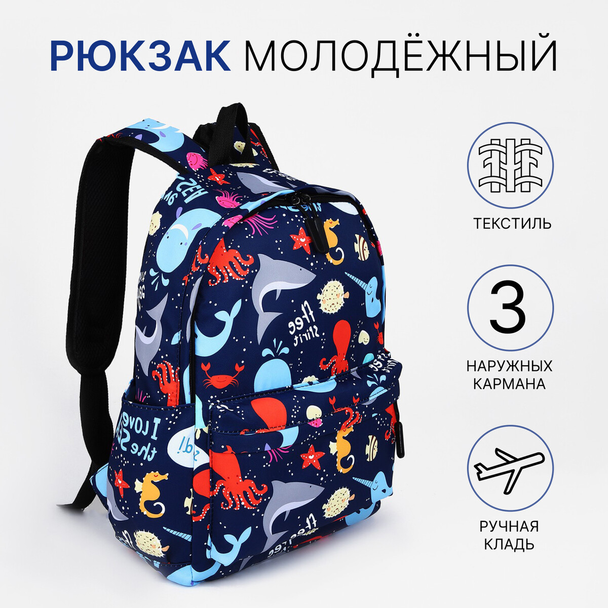

Рюкзак школьный на молнии, цвет синий