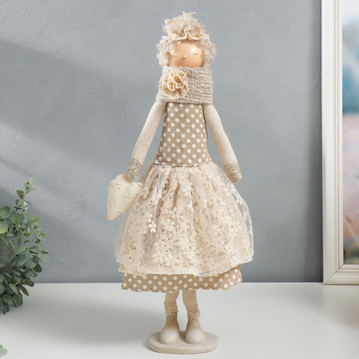 Кукла интерьерная кукла интерьерная ангелочек мила с сердцем в белом наряде в розовых варежках 60х11х12 см