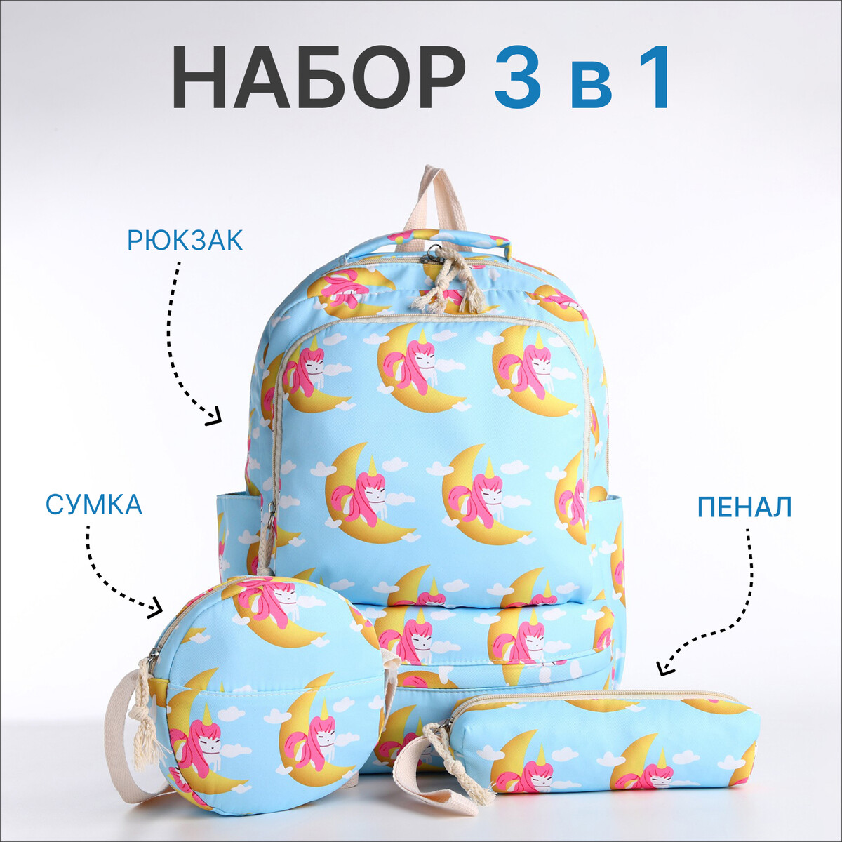 

Рюкзак школьный на молнии, сумка, косметичка, цвет голубой