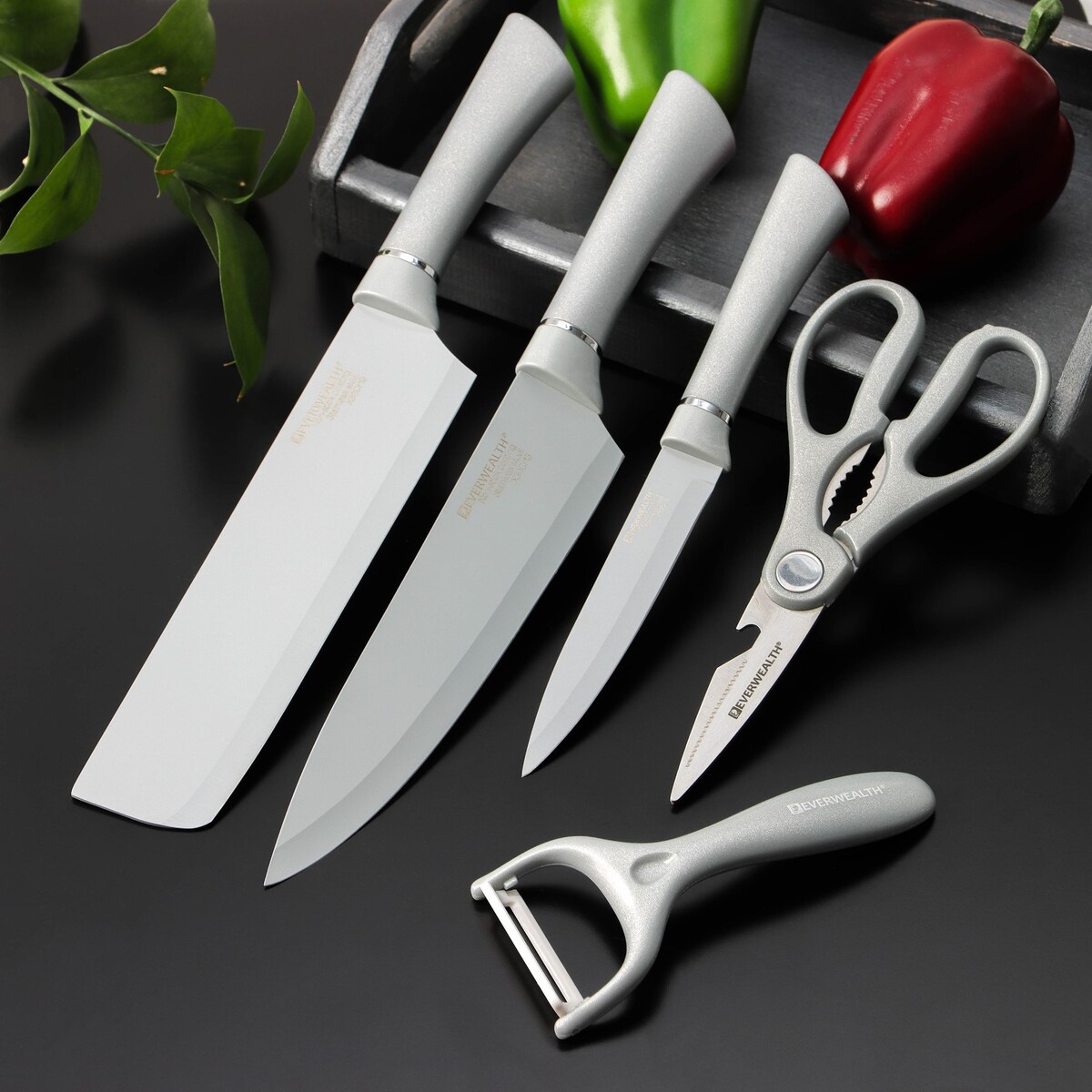 

Набор ножей blades, 5 предметов: 3 ножа, овощечистка, ножницы в комплекте, цвет белый, Серый