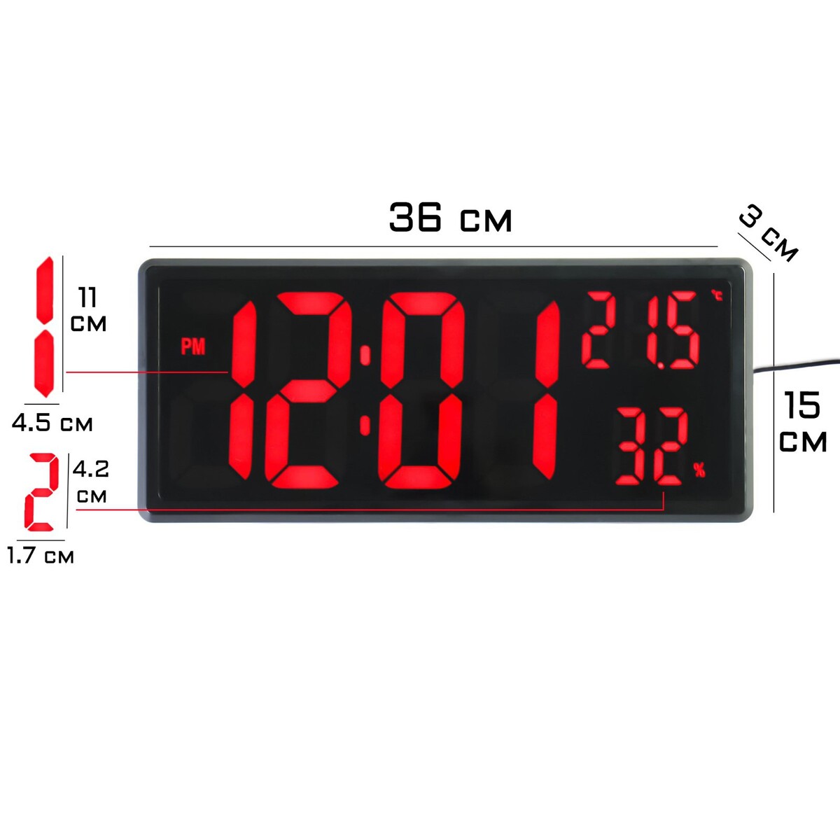 Часы электронные настенные, настольные, с будильником, 36 х 15 х 3 см, красные цифры часы электронные настольные настенные