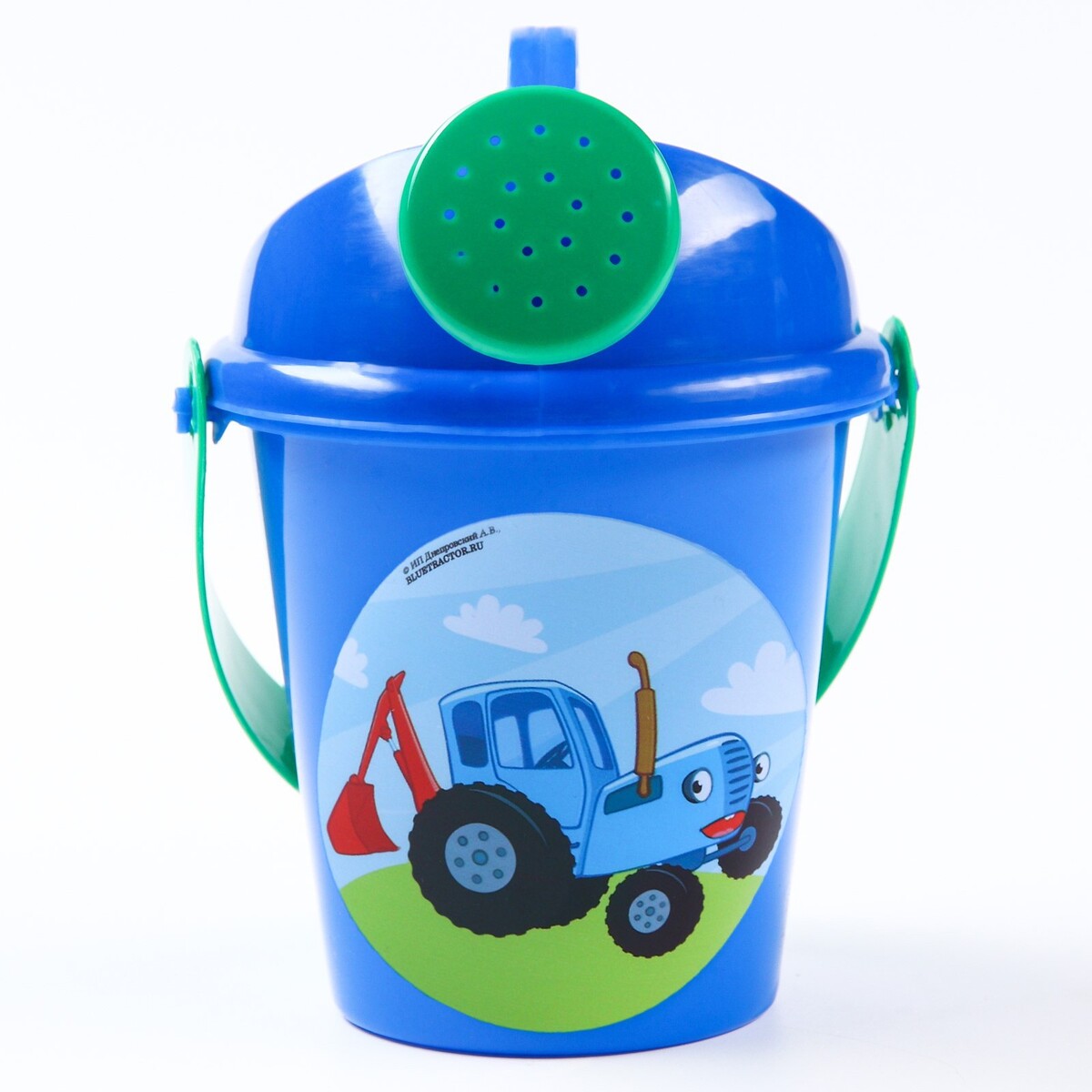 фото Песочный набор в сетке: ведерко 350 мл., лейка, грабли, совок, 4 формочки, синий трактор соломон