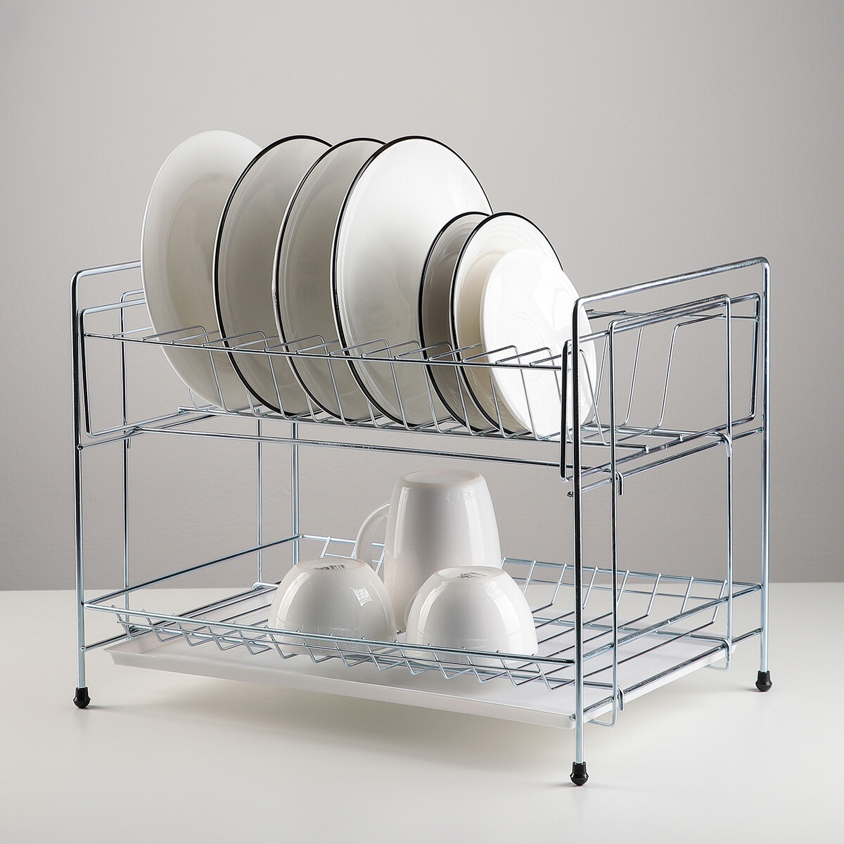 фото Сушилка для посуды с поддоном 2-х ярусная, разборная, 39×25,5×30 см, цинк, цвет серебристый no brand
