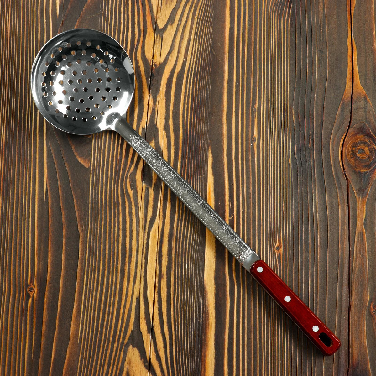 

Шумовка для казана шафран, 46 см, глубокая, узбекская, с деревянной ручкой, металл, Серебристый;коричневый