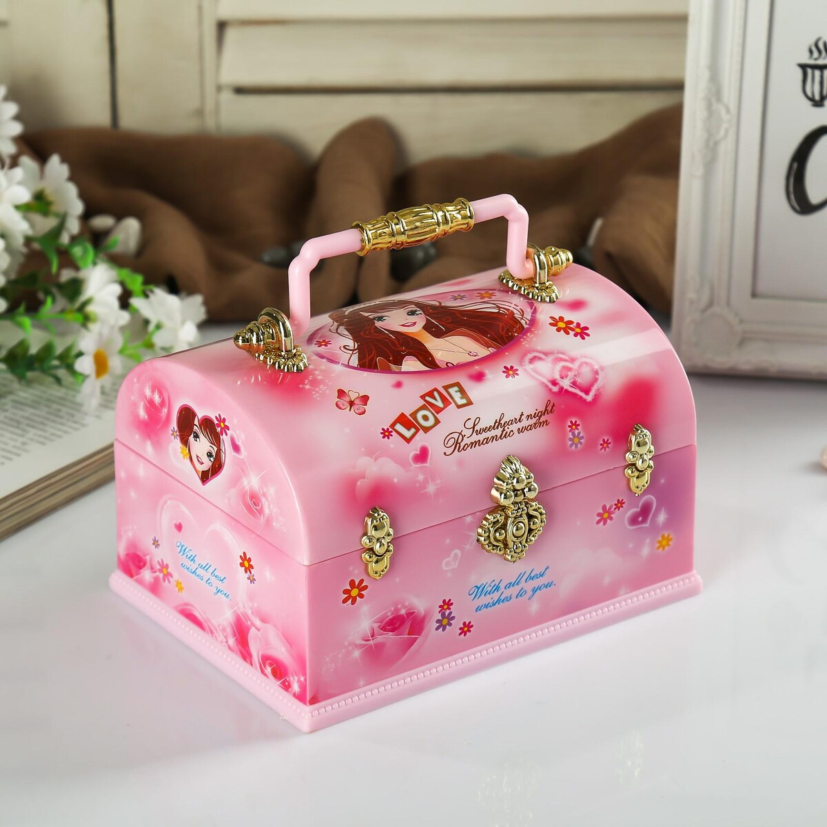 Шкатулка музыкальная механическая шкатулка музыкальная розовая с принцессой 19х16х6 см