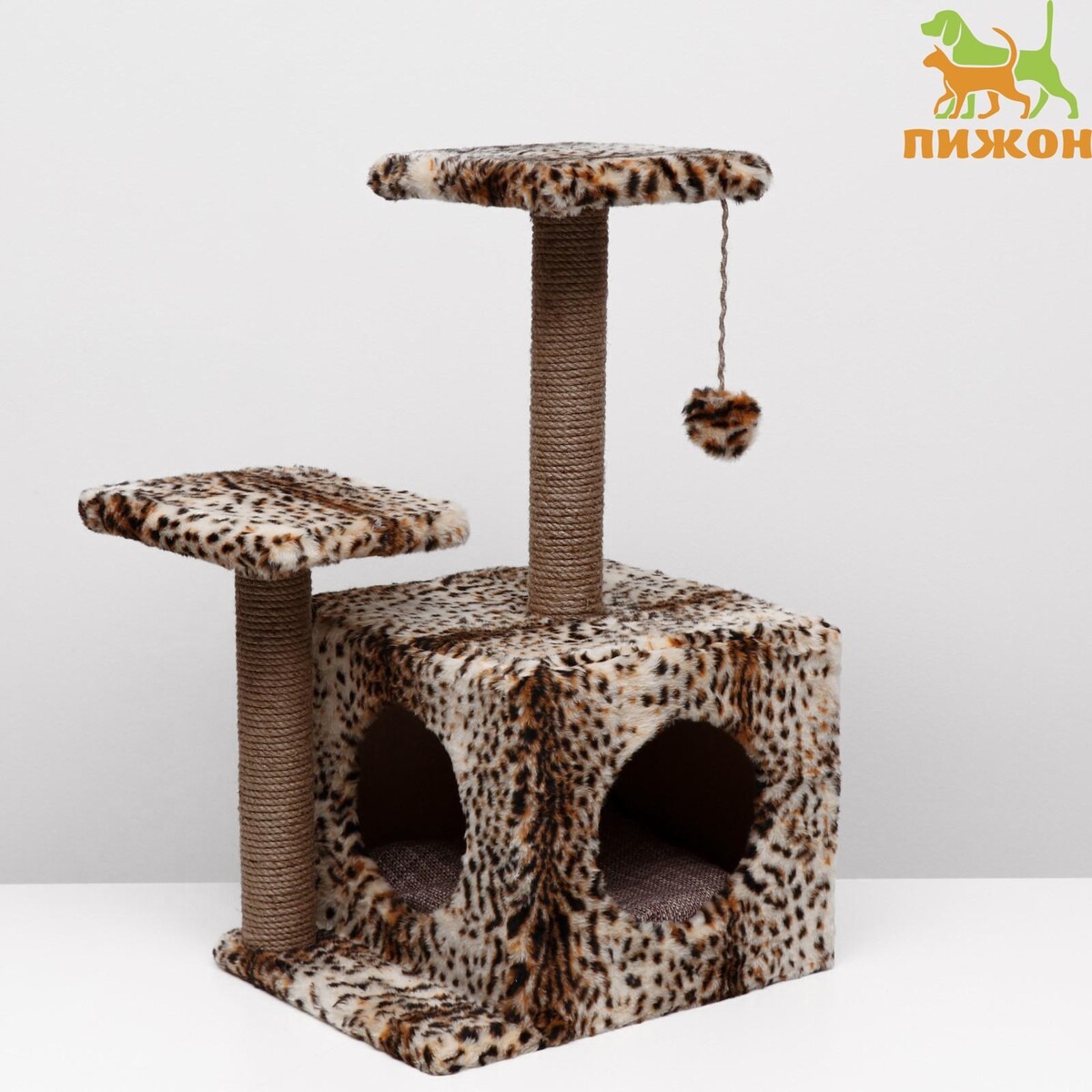 Домик для кошек с когтеточкой, квадратный, 3х-этажный, 45 × 47 × 75 см, леопард комплекс для кошек с когтеточкой и аркой чесалкой