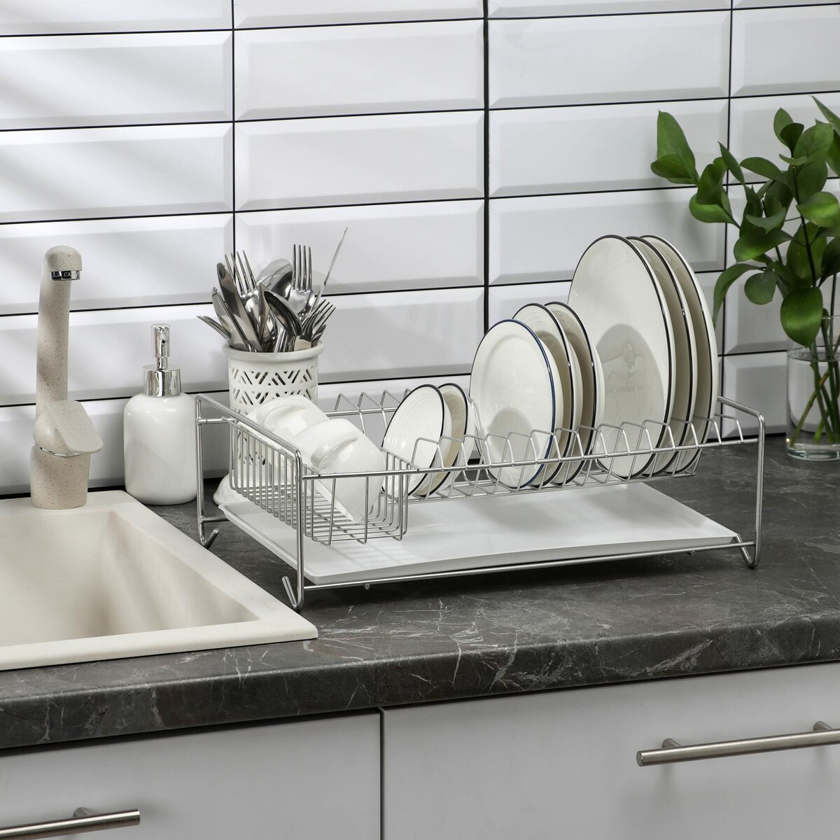 фото Сушилка для посуды с поддоном, 40×23×15 см, цвет хром no brand