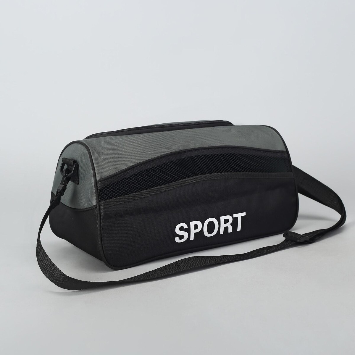 Сумка спортивная на молнии, наружный карман, длинный ремень, цвет черный/серый