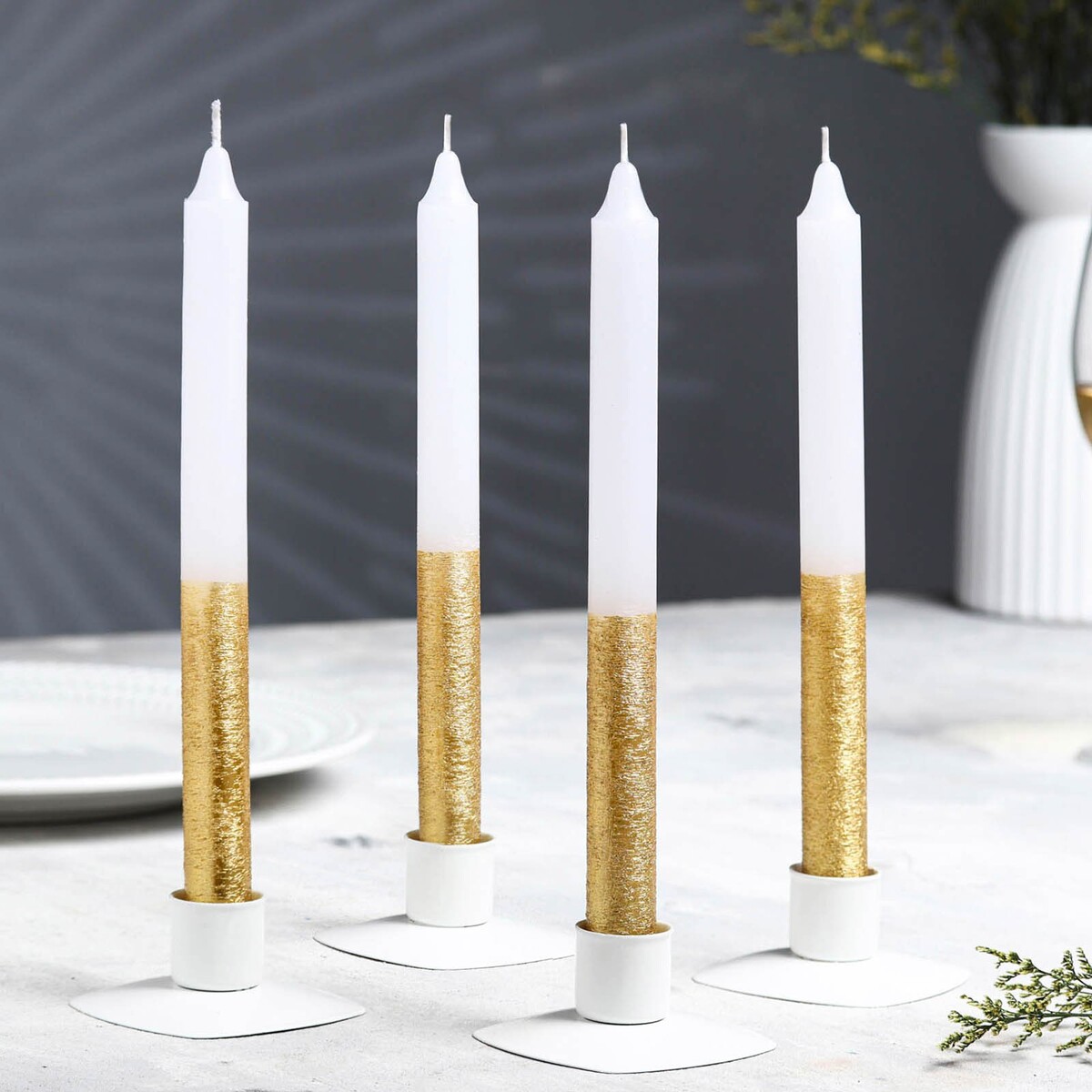 Набор свечей классических,1,9х 20 см, 4 шт, бело-золотой металлик набор свечей витых 1 5х 15 см 3 штуки золотой блистер