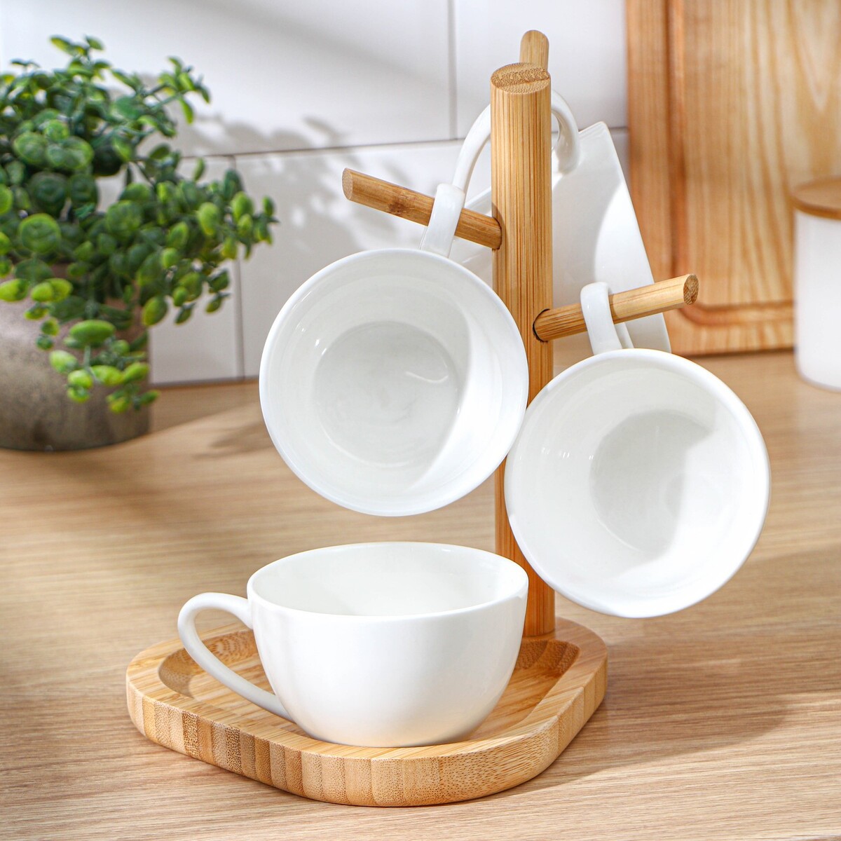 

Подставка для кружек доляна bamboo, 16×19,7 см, с блюдом для подачи, Бежевый