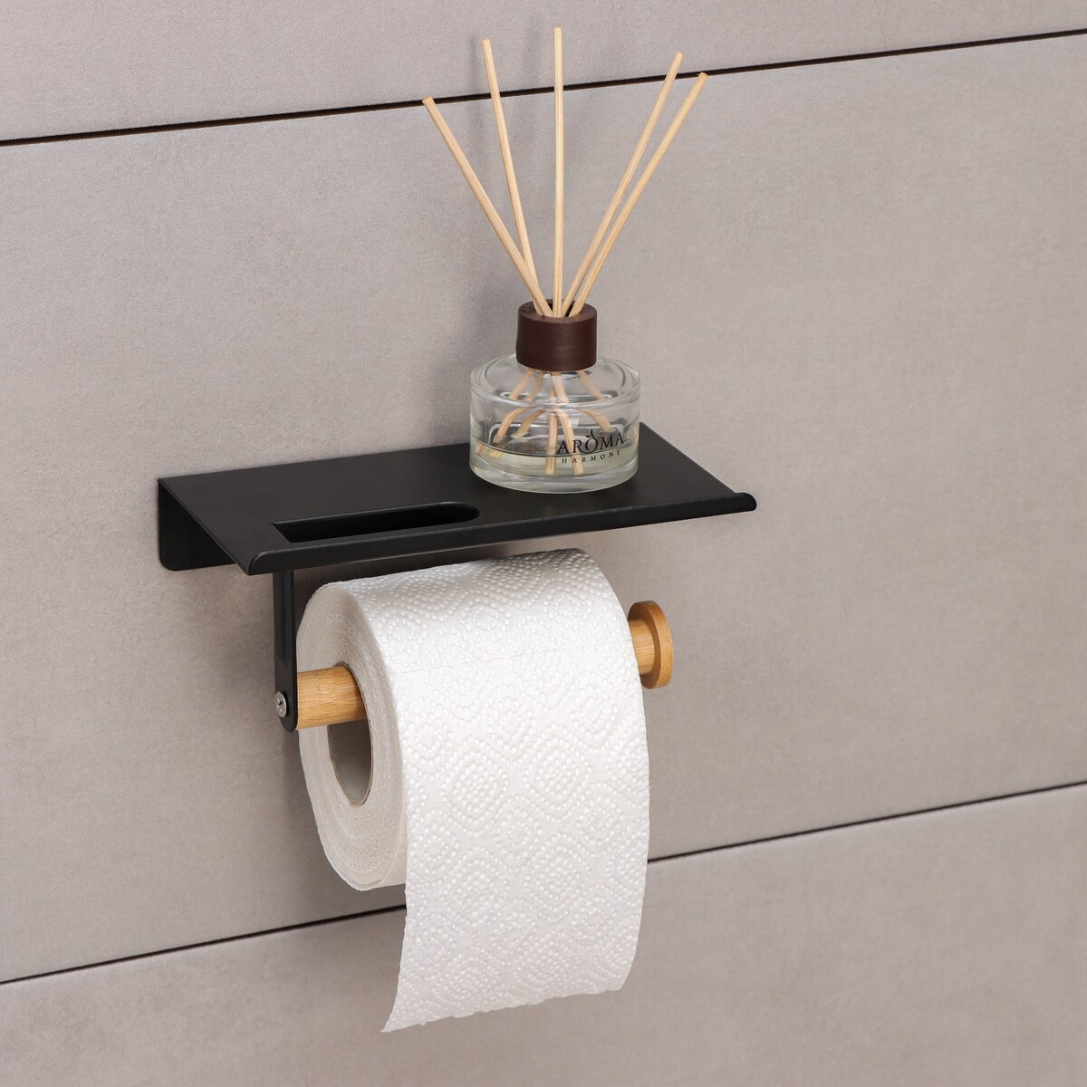 Держатель для туалетной бумаги с полочкой bamboo, 18×9,7×7,5 см, цвет черный зеркало 35х52 см прямоугольное светло бежевое с полочкой berossi нв 04107000
