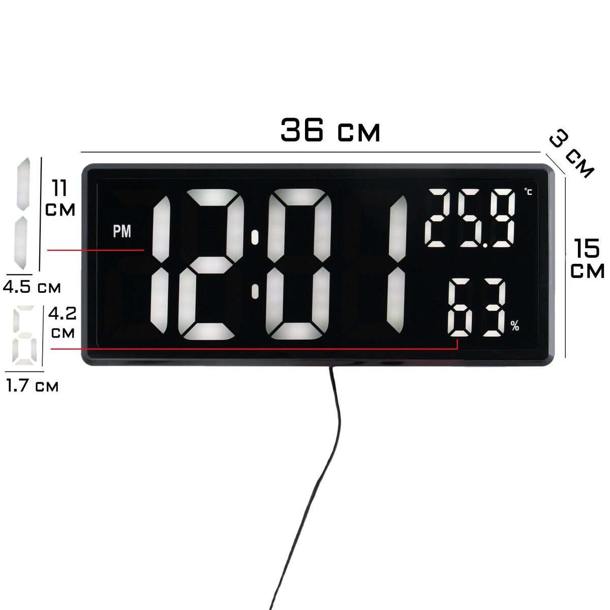 Часы электронные настенные, настольные, с будильником, 15 x 36 x 3 см, usb часы электронные настенные настольные с будильником 2400 мач 3 5 х 7 х 26 5 см