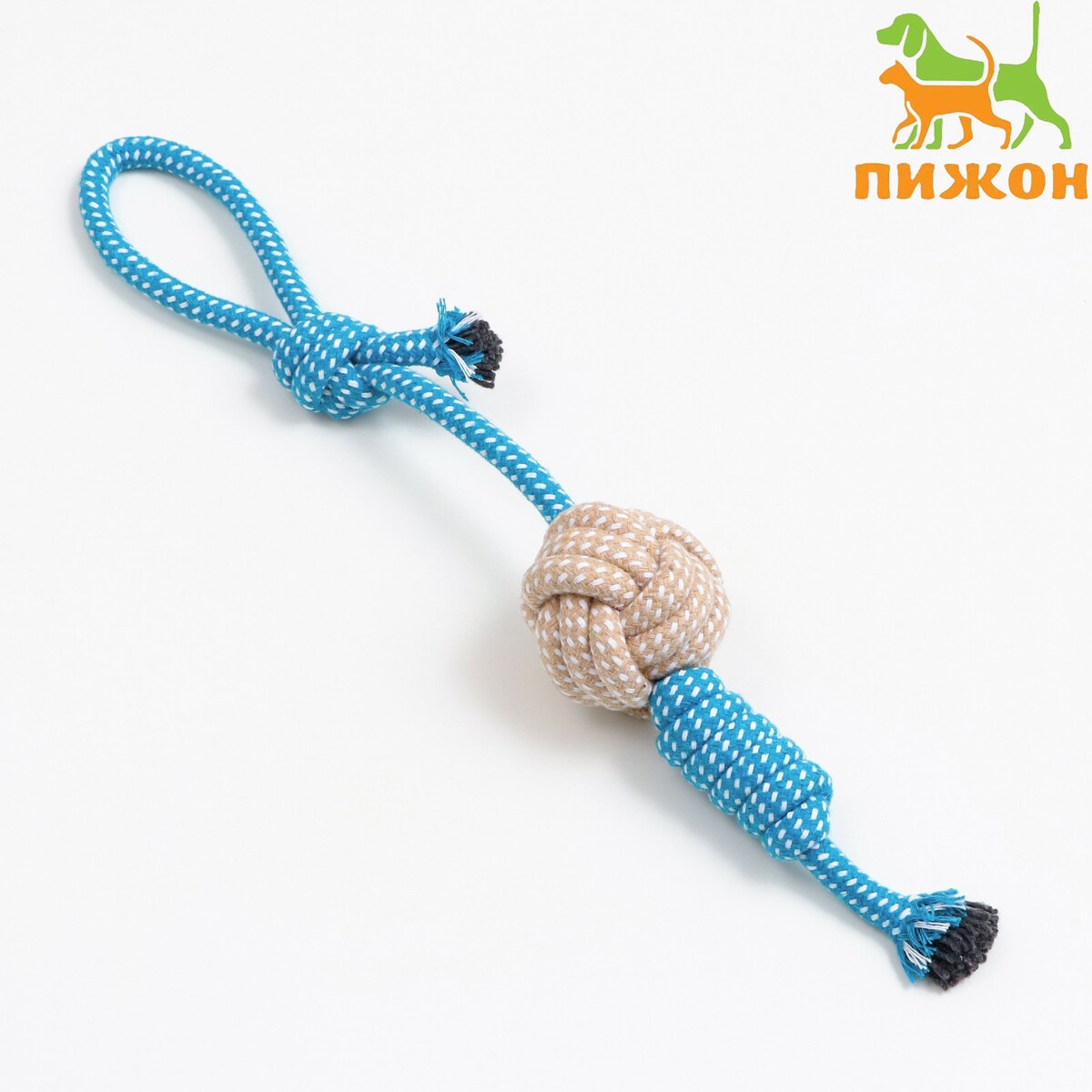Игрушка канатная плетеная с ручкой, до 40 см, 90 г, синяя/желтая/белая игрушка тренировочная канатная