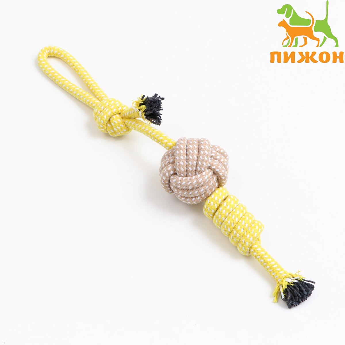 

Игрушка канатная плетеная с ручкой, до 40 см, 90 г, желтая/белая, Желтый;белый