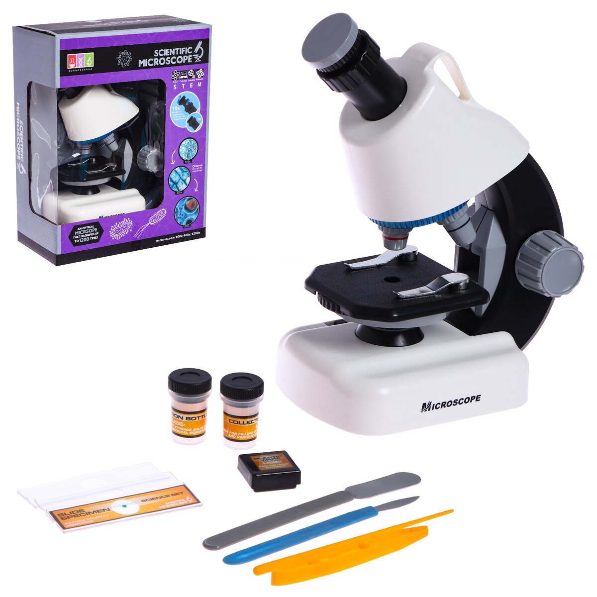 Микроскоп детский микроскоп детский юный ботаник кратность х100 х400 х1200 голубой подсветка
