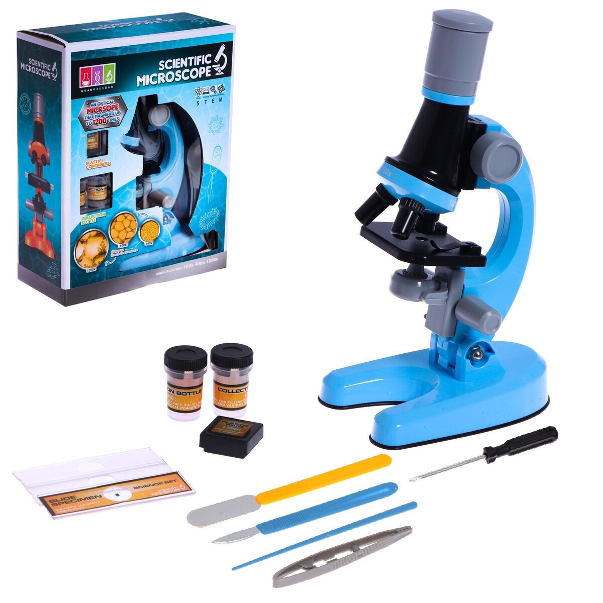 Микроскоп детский микроскоп детский юный ботаник кратность х100 х400 х1200 голубой подсветка