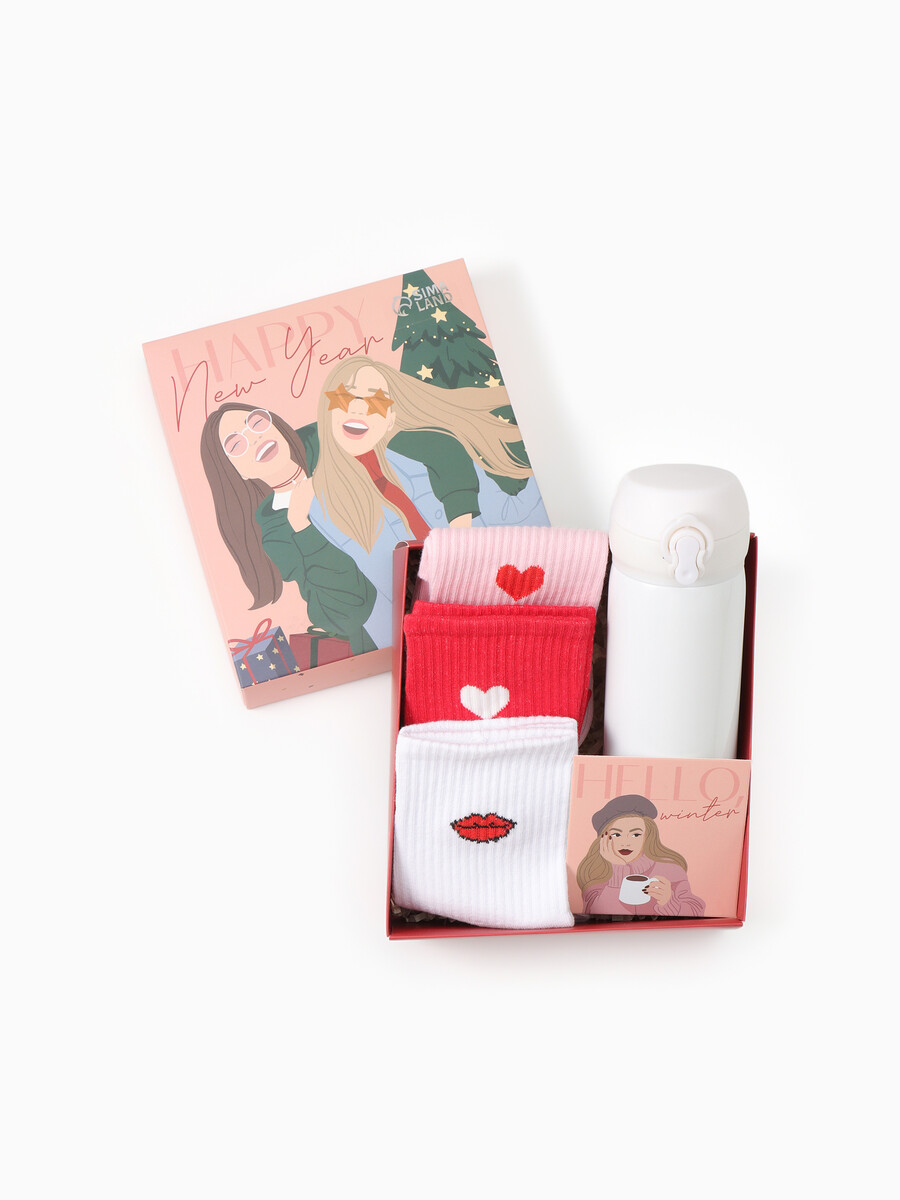 

Новогодний подарочный набор термос и носки 3 пары kaftan, Разноцветный;розовый;красный;белый