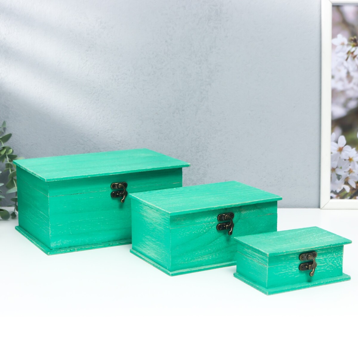 

Шкатулка дерево прямоугольник борт (набор 3 шт) зеленая 20,5х10х15 см, Зеленый