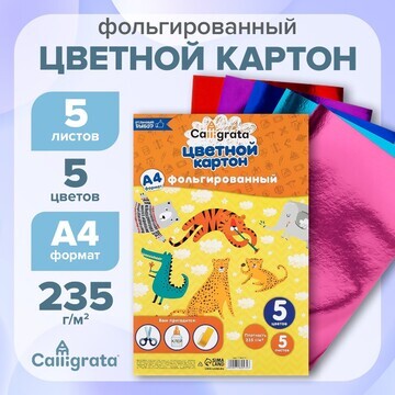 Картон фольгированный а4, 5 листов, 5 цв