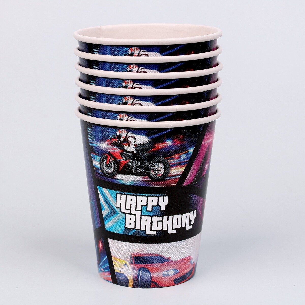 

Стакан одноразовый бумажный happy birthday гонщик, набор 6 шт, 250 мл, Красный;черный