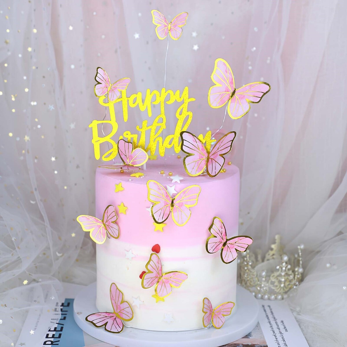 Набор для украшения торта набор декоративных бабочек 2 шт с глиттером азалия голубой