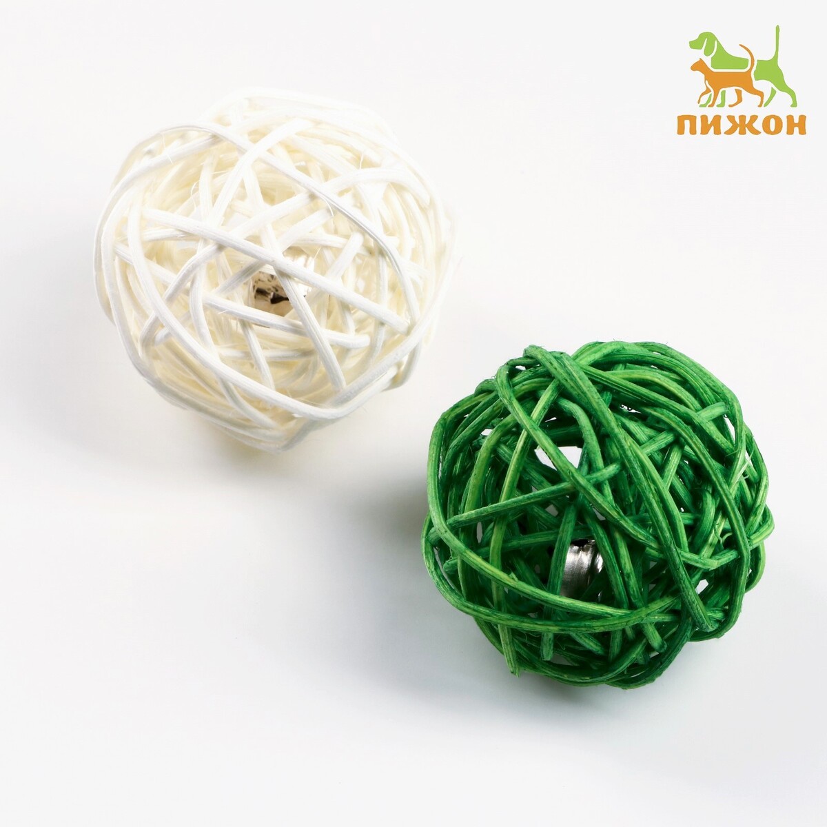 Набор из 2 плетеных шариков из лозы с бубенчиком, 5 см, белый/зеленый набор плетеных корзин для хранения ручной работы ladо́m