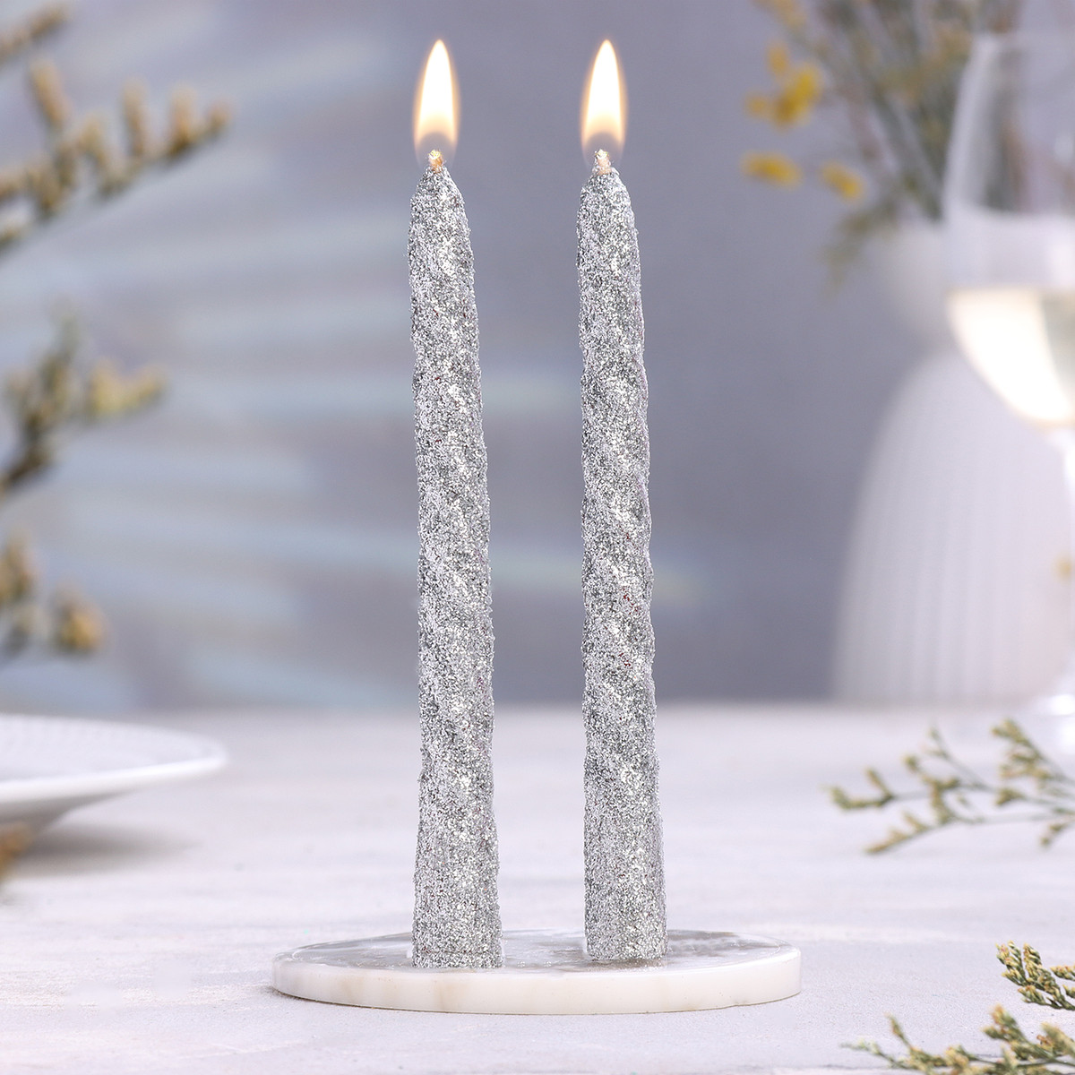 

Набор свечей витых, 1.5×15 см, 2 шт., блестки, серебро, Серебристый