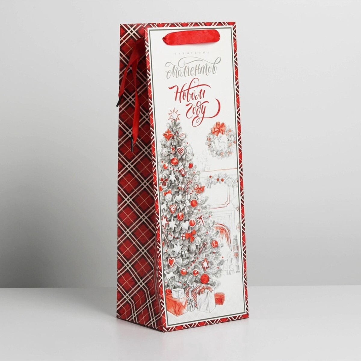 

Пакет новогодний подарочный под бутылку, Красный;белый