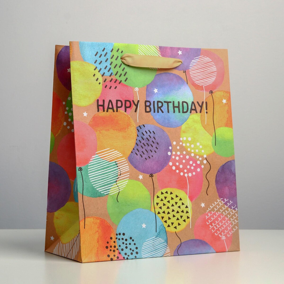 Пакет подарочный крафтовый вертикальный, упаковка, happy birthday, ml 23 х 27 х 11.5 см топпер акрил happy birthday