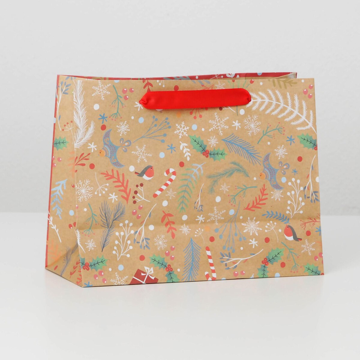 

Пакет подарочный новогодний крафтовый, Бежевый;белый;красный