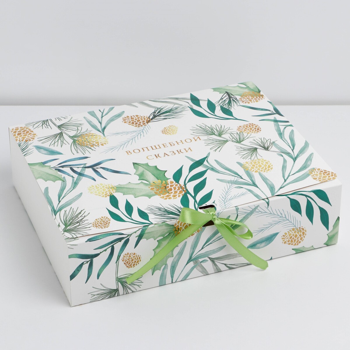 

Коробка подарочная новогодняя складная двухсторонняя, Зеленый;бежевый;белый