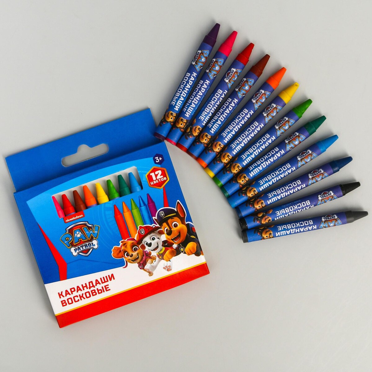 Восковые карандаши, набор 12 цветов, высота 8 см, диаметр 0,8 см, щенячий патруль tooky toy восковые карандаши 48 шт