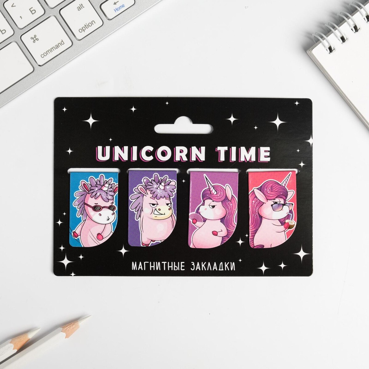 Магнитные закладки unicorn time на открытке, 4 шт пакет подарочный голографический упаковка unicorn 23 х 18 х 10 см